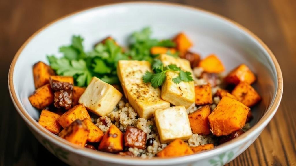 Miska mocy (Buddha Bowl) z komosą ryżową, tofu i pieczonymi słodkimi ziemniakami. Marinowanie tofu i pieczenie komosy: małe kroki, duży efekt Miska mocy (Buddha Bowl) z komosą ryżową, tofu i pieczonymi słodkimi ziemniakami. Marinowanie tofu i pieczenie komosy: małe kroki, duży efekt